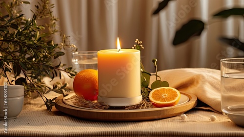decor for a family Christmas dinner with a white candle  dried orange  cone and cotton 