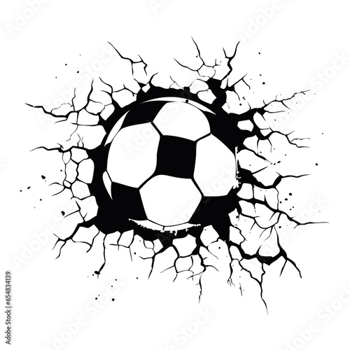 football ball hit the wall and it's cracked, Soccer ball smash the white wall with cracks hole. 