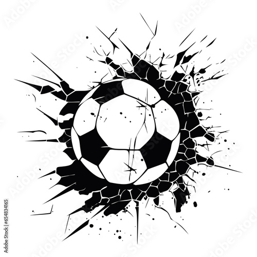 football ball hit the wall and it's cracked, Soccer ball smash the white wall with cracks hole. 