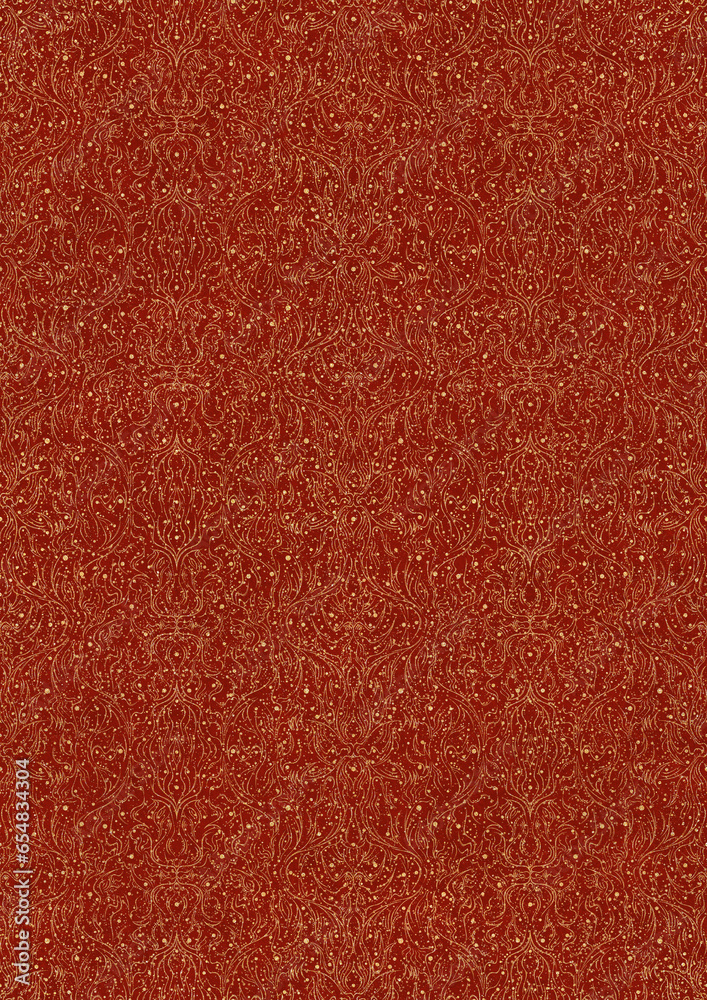 Hand-drawn unique abstract symmetrical seamless gold ornament with splatters of golden glitter on a bright red background. Paper texture. Digital artwork, A4. (pattern: p11-2e) Hand-drawn unique abstract symmetrical seamless gold ornament with splatters of golden glitter on a bright red background. Paper texture. Digital artwork, A4. (pattern: p11-2e)