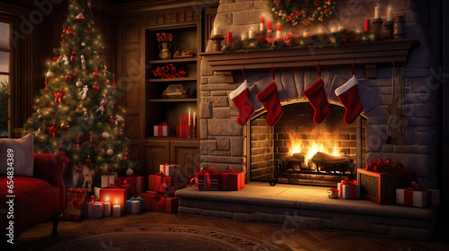 Christmas scene with a lit fireplace, Christmas tree, gift packages, candles and Befana stockings. Warm and cozy atmosphere. Christmas theme