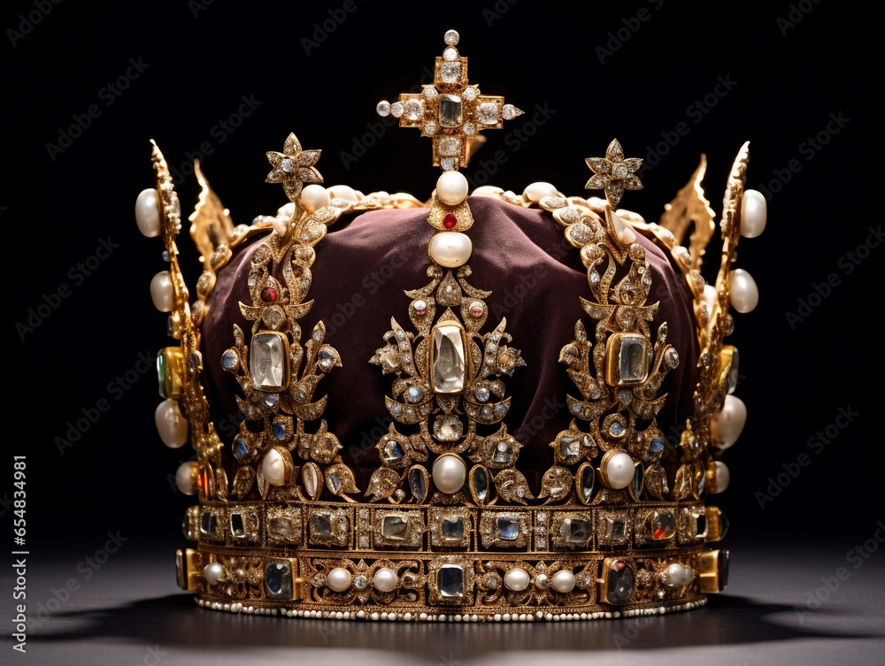 Expensive and beautiful king crown on the table. Made of gold and decorated with precious stones.