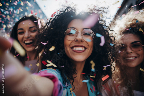 group of diverse woman surrounded by confetti celebrating and happy in daytime