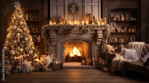 Christmas tree with fireplace, surrounded by gifts, deer figurines, candles, lanterns and festive garland. © ZinaZaval