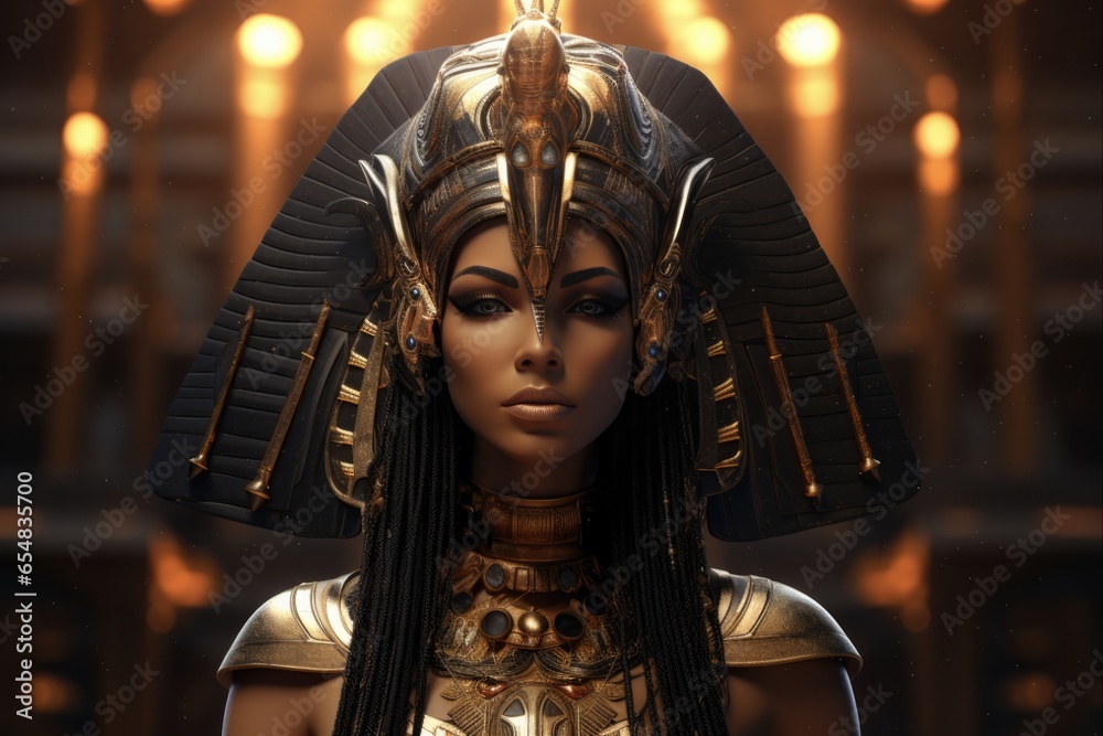 Isis, the Egyptian Goddess in Afrofuturistic Style. Spiritual Black Woman Fashion with Nubian Elements - obrazy, fototapety, plakaty 