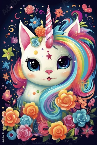 Kittycorn Magic. Adorable Cartoon Rainbow Kittycorn with Floral Elements - Perfect for Posters and Prints
