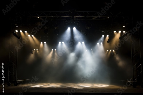 Nighttime Entertainment: Eight Divergent Spotlights Illuminate a Foggy Auditorium With Beams of Light and Smoky Atmosphere photo