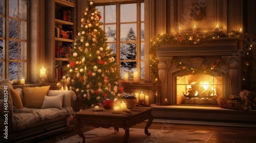 Christmas tree with fireplace  surrounded by gifts  deer figurines  candles  lanterns and festive garland.