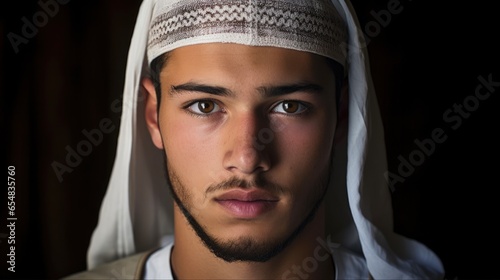 Serious Muslim Young Man Portrait. Attractive Youth Looking Directly at the Camera with Domicile in the Background
