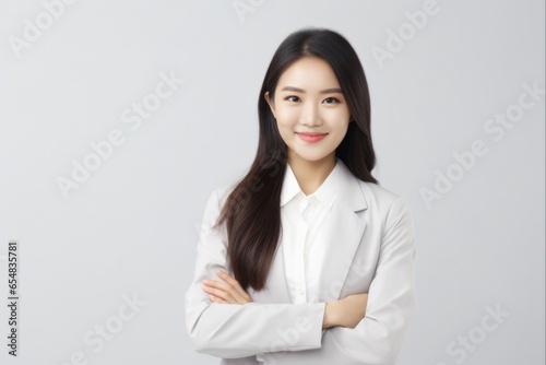 Young Asian Female Office Manager Smiling and Crossing Arms- Portrait of a Beautiful CEO with a Pretty Smile in Casual Attire and Cute Pose over White Background
