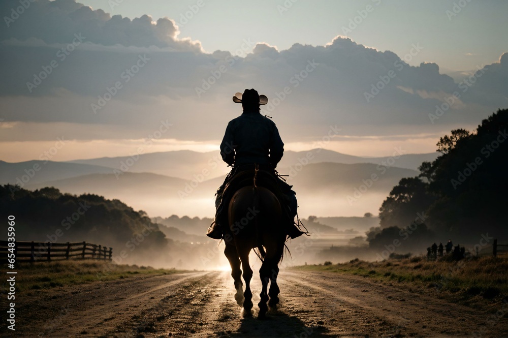 silhouette of a person riding a horse with cowboy hat in early morning