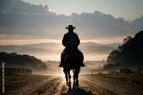 silhouette of a person riding a horse with cowboy hat in early morning © prasanth