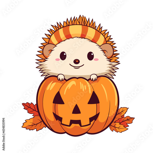 Vector clipart, cute hedgehog sit on a pumpkin vector clipart, fall autumn halloween drawing