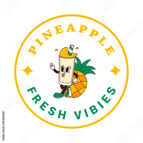 Sticker of character pineapple juice or smoothie in cartoon style. Isolated vector label of groovy fruit drink mascots in retro style on transparent background for logo, emblem and your design
