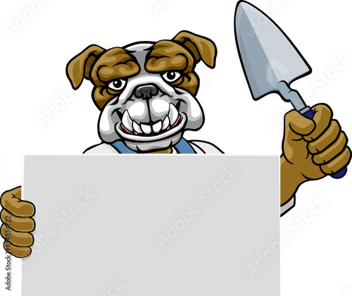 A bricklayer bulldog dog handyman cartoon construction mascot character holding a trowel tool