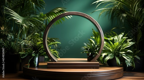 Wooden Podium in the Tropical Forest  cosmetic product presentation  Mockup