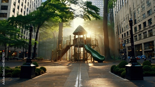 Small children playground at sunrise in the city