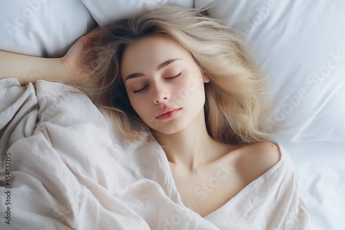 A beautiful woman sleeps peacefully on a white bed.