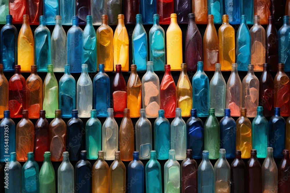 Sorted glass bottles by color at a recycling center. Generative AI - obrazy, fototapety, plakaty 