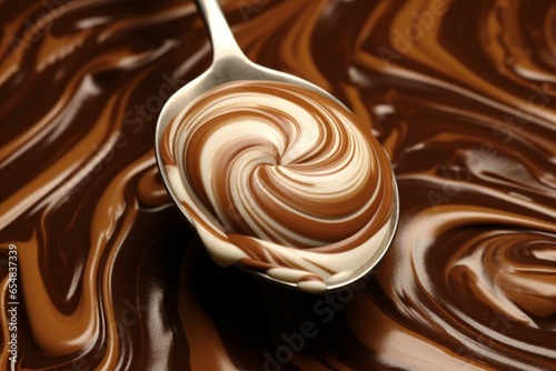 chocolatey spoon on milk chocolate swirl. Generative AI photo