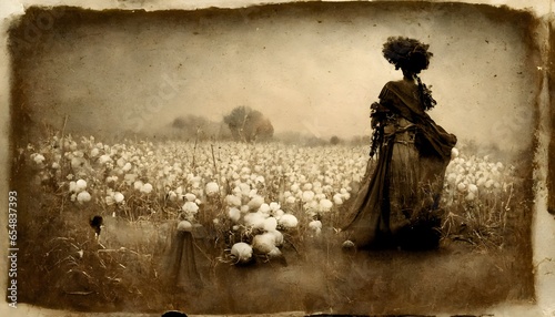 19th century africanamerican woman standing in a field of cotton hyperrealistic antique pinhole camera photo sepia and black  photo