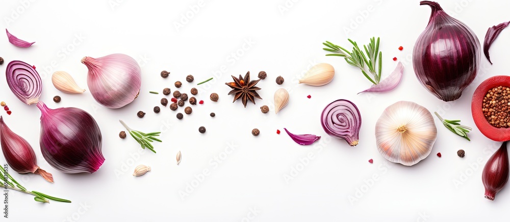 Top view of red onion and spices on white background with copyspace for text - obrazy, fototapety, plakaty 