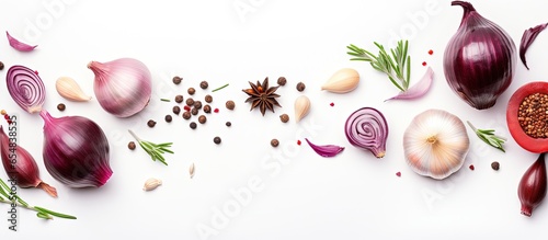 Top view of red onion and spices on white background with copyspace for text