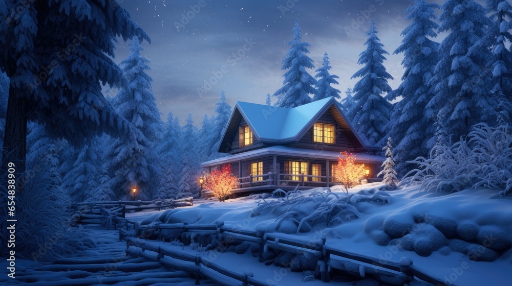 winter snowy forest at night, featuring a cozy house adorned with festive Christmas lights.