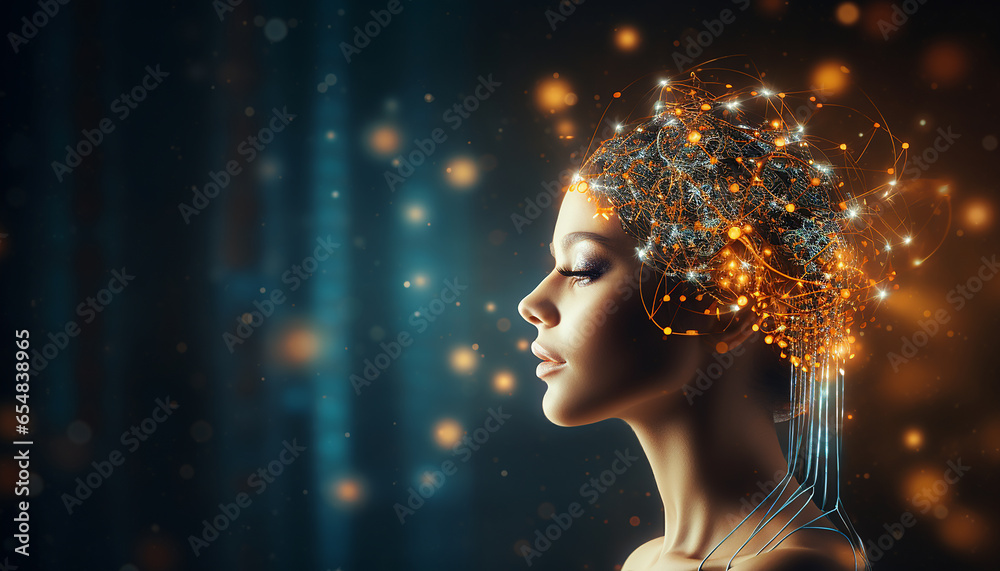 Photo human head with glowing neurons in brain - obrazy, fototapety, plakaty 