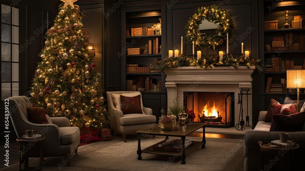 Christmas tree with fireplace, surrounded by gifts, deer figurines, candles, lanterns and festive garland.