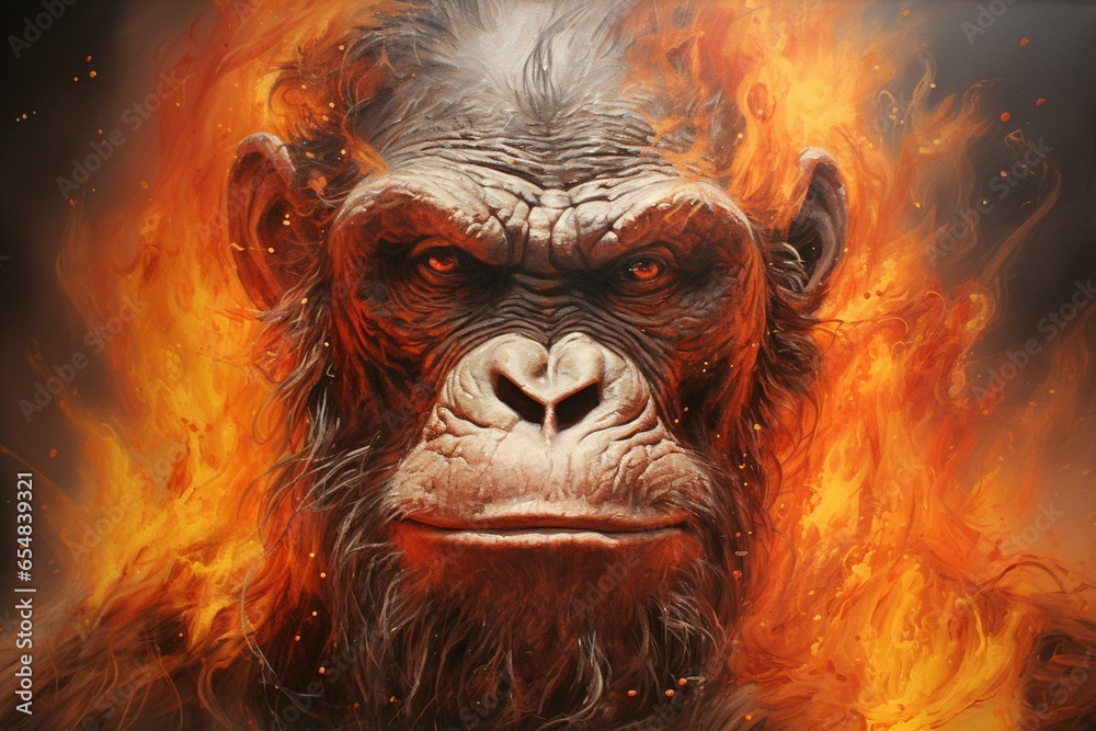 intense ape with fiery gaze. Generative AI