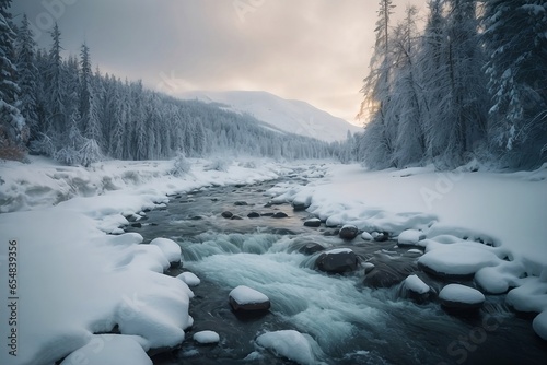 Icy creek in a boreal forest