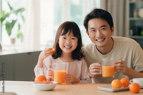 Portrait of enjoy happy love asian family father and mother with little asian girl smiling look at camara and having breakfast drinking and hold glasses of milk at table in kitchen.
