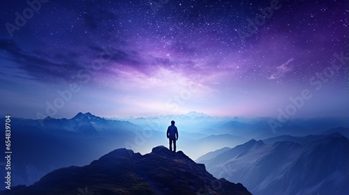 Silhouette of man standing on misty mountain peak with view of the Milky Way above the night sky