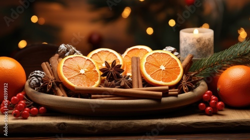 a wooden board arranged with ripe tangerines  cinnamon sticks  and sweet candy canes on a table.