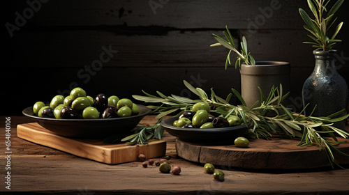 Green and Black Olives on Wooden Background