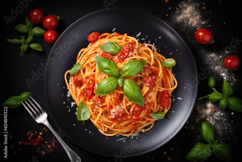 Delicious classic Italian spaghetti pasta with tomato sauce, parmesan cheese and basil on a plate on a dark table.