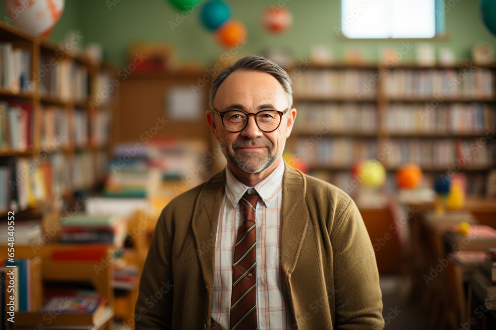 Fototapeta premium Happy school teacher at school lesson in classroom
