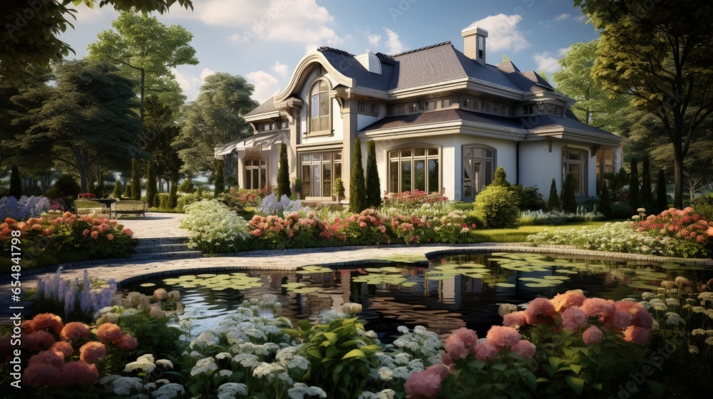 Gorgeous landscaping surrounds lavish home