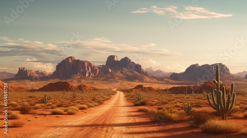 3D desert road with cactus and mountains on a brown background © vxnaghiyev