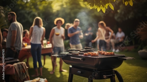 Barbecue grill during party at backyard with blured a lot of friends morning, birthday party of Happy family in nature while having a blast, Generative AI