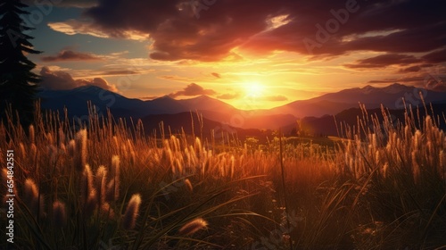 Vintage picture Majestic sunrise in the grassy valley
