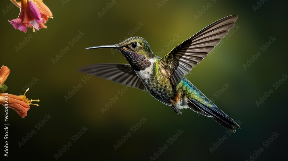 Bird in garden a Black throated Mango hummingbird in flight with tail spread amidst smooth background