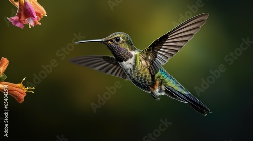 Bird in garden a Black throated Mango hummingbird in flight with tail spread amidst smooth background