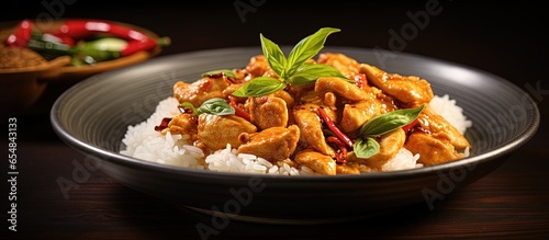 Thai red curry chicken with stream rice panang on a green plate with a grey background with copyspace for text