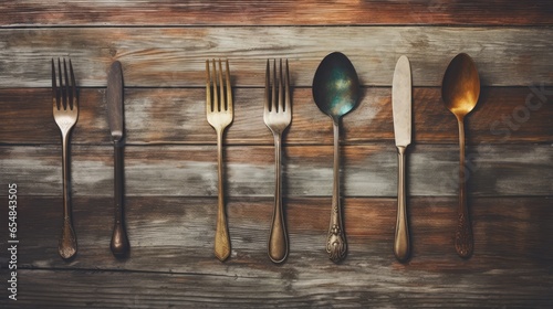 Vintage kitchen utensils placed on a wooden backdrop