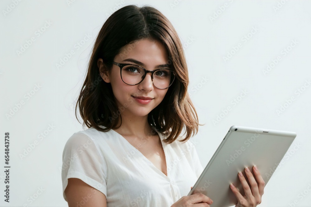 Young woman, company worker in glasses, smiling and holding digital tablet in white background Young woman, company worker in glasses, smiling and holding digital tablet in white background