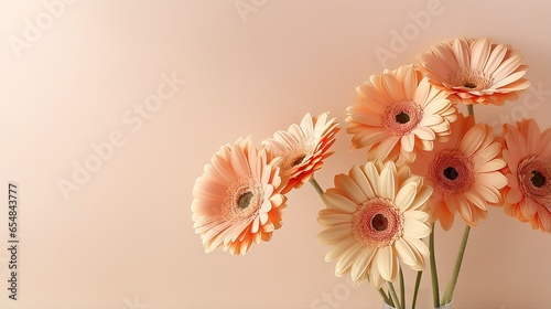 Aesthetic sunlight casts shadows on coral gerbera flowers atop a beige background creating a simple and elegant floral arrangement photo