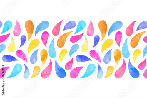 Colorful watercolor drops, droplets seamless vector border, frame. Watercolour stains endless water, aquatic watery pattern, background. Blue, pink, yellow colors. Hand drawn artistic template.