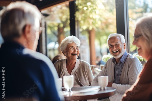 group of senior old people joking and talking in a restaurant or cafe photo